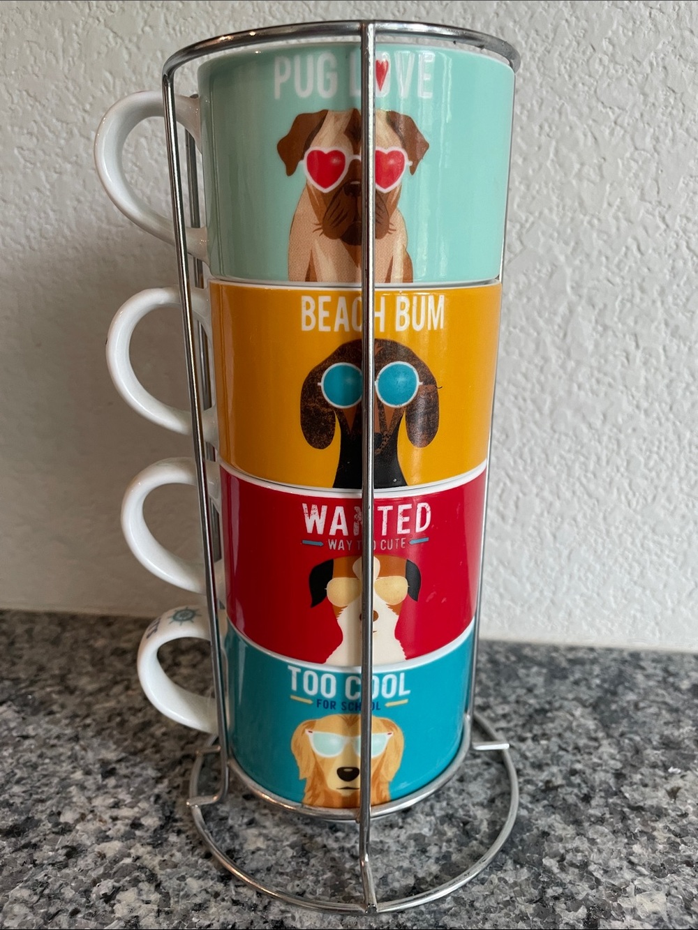Pier 1 Stackable Dog Face Espresso Mugs in Mint, Yellow, Red, Teal
